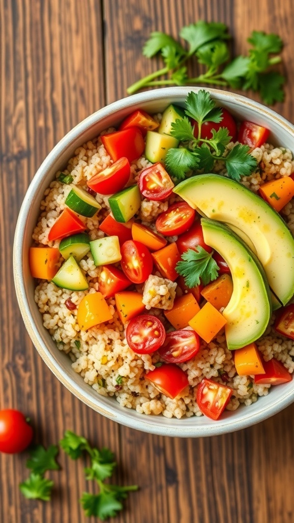 A colorful quinoa bowl with tomatoes, cucumber, bell pepper, avocado, and cilantro on a wooden table.